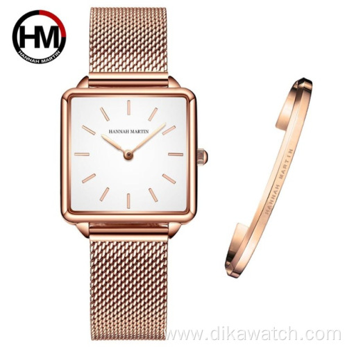 Hannah Martin Watch Women 1 Set Bracelet Japan Movement Simple Fashion Ladies Watch Rose Gold Steel Mesh Square Dial Reloj Mujer